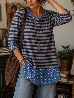 Matilda Jane Striped Polka Dot Top Blue Gray Boho Tunic | Small